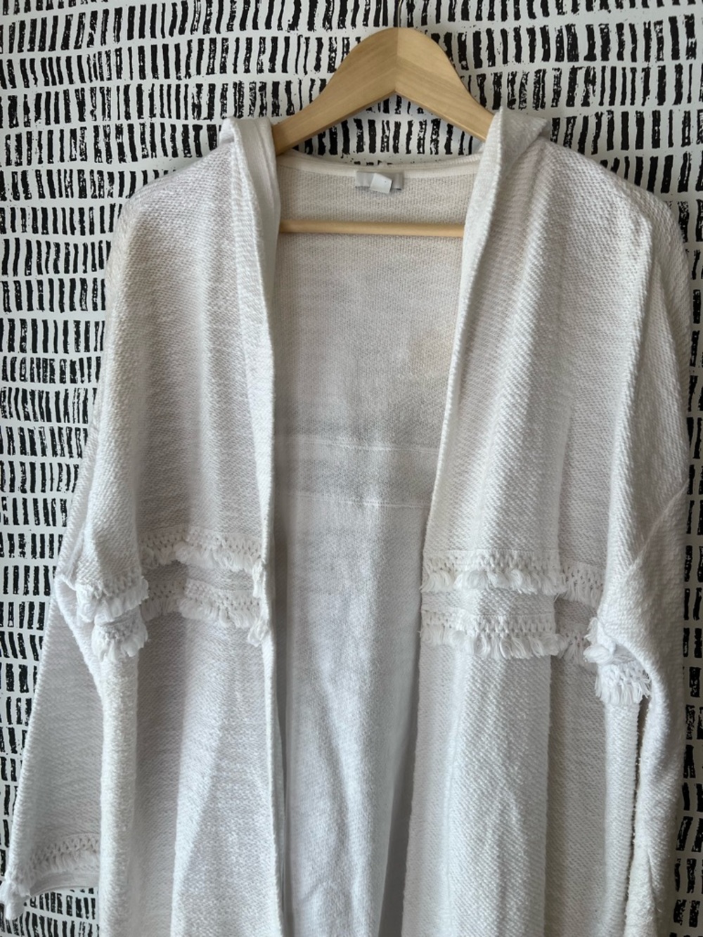 J.Jill Ivory Fringe Trim Open Front Cardigan Sweater Boho Coastal Cozy - Picture 12 of 14